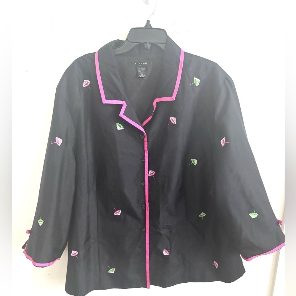 Silkland Jacket Silk Embroidered Umbrella Print Artsy Vintage Lounge Pink Trim